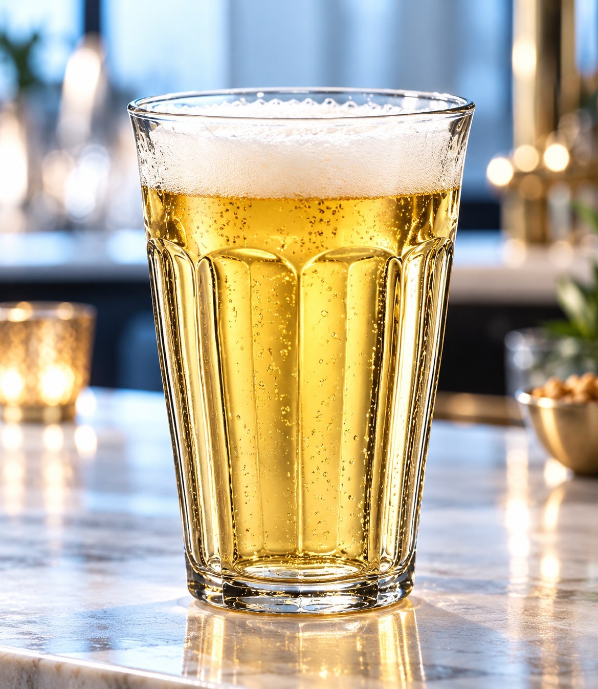 Verre à bière Lehmann Craft rempli de bière blonde avec sa mousse sur un comptoir en marbre