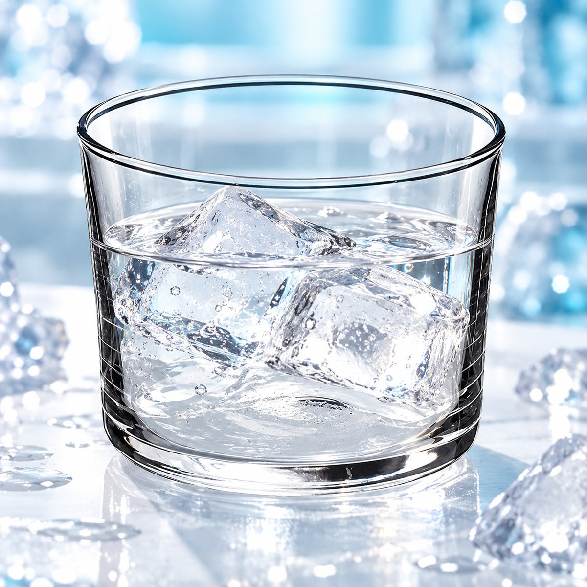 Verre Bodega 20 cl rempli d'eau et de glaçons, entouré de glaçons sur un plan clair