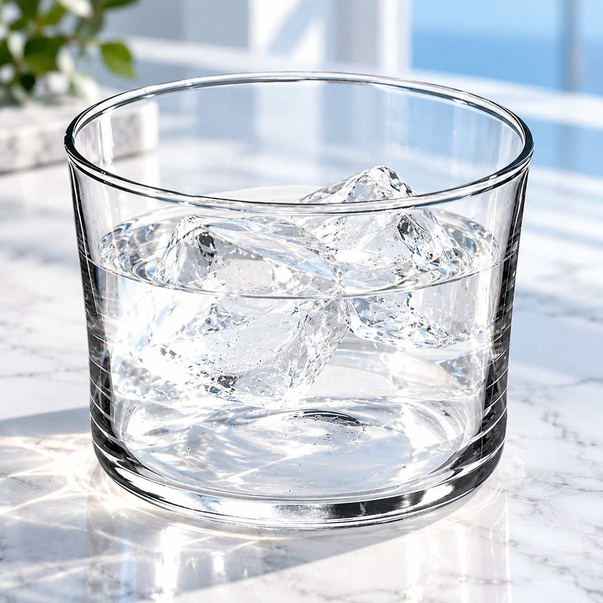 Verre Bodega rempli d'eau et de glaçons sur un plan de marbre