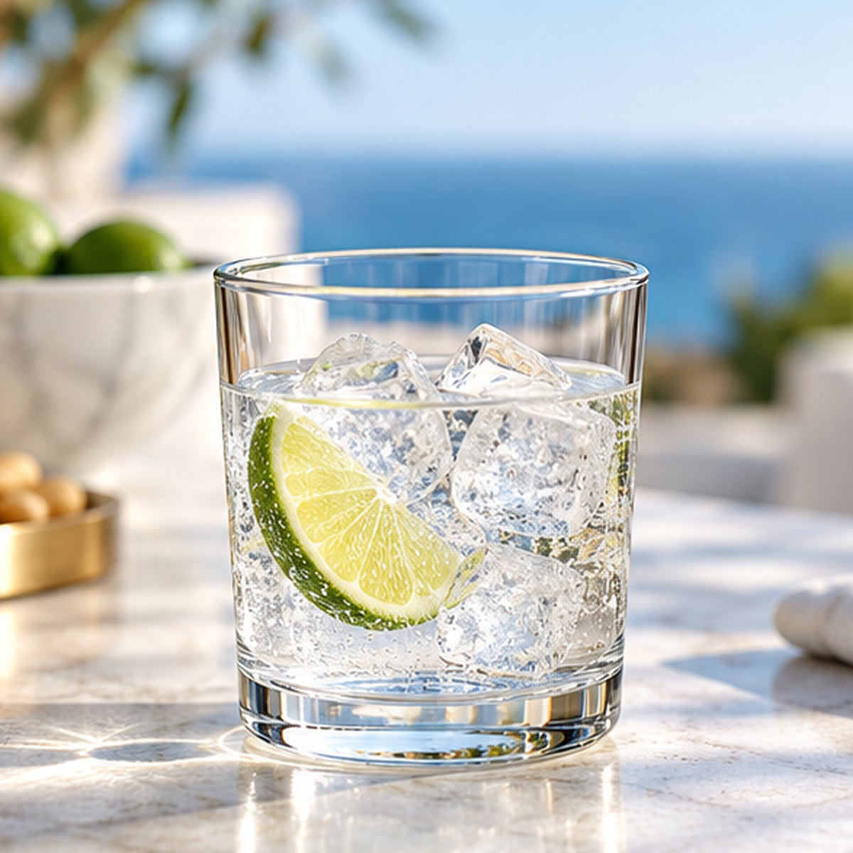 Verre Bodega rempli d'eau pétillante, de glaçons et d'une tranche de citron vert sur une table en marbre
