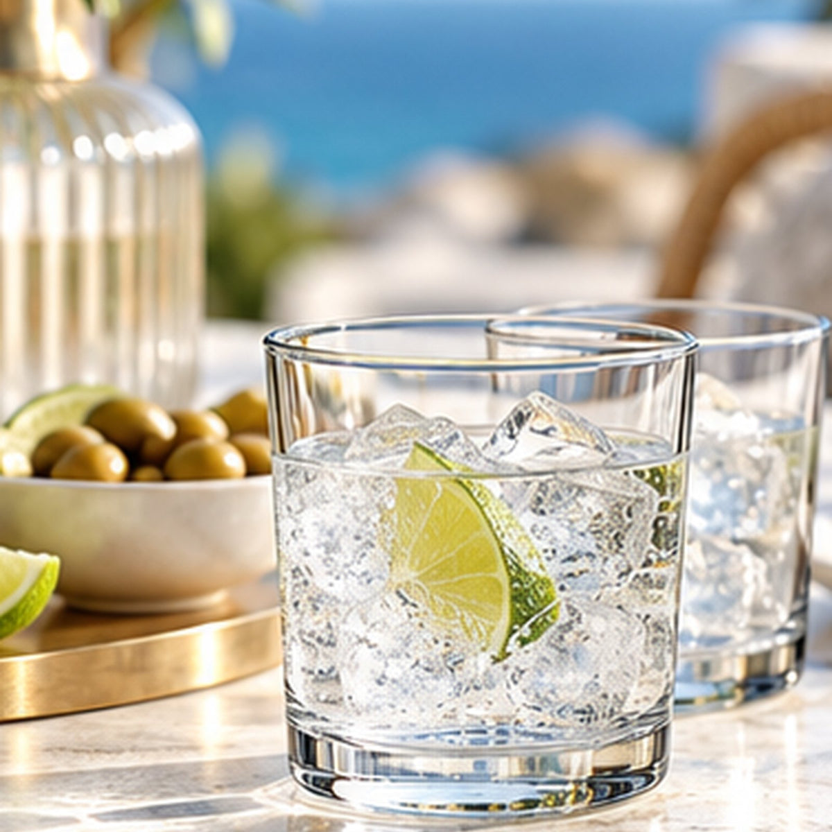 Deux verres Bodega avec glaçons et citron vert sur un plateau doré, bol d'olives et mer en arrière-plan