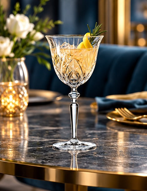 Verre à cocktail Nachtmann Palais 23 cl, avec un cocktail sur une table de marbre fleurie