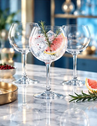 Verre ballon Splendid rempli d'un cocktail au pamplemousse entouré d'autres verres sur un plateau doré
