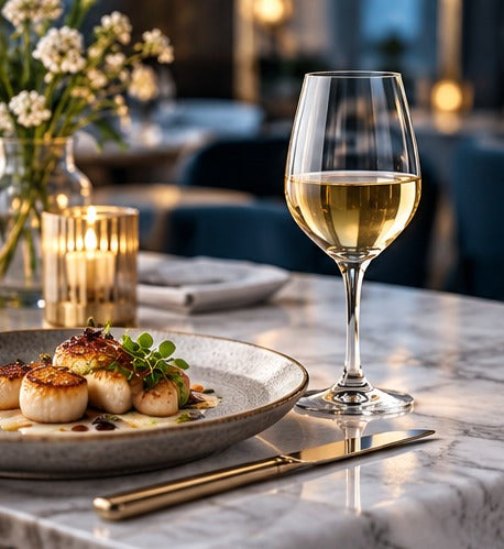 Verre à vin Spiegelau L'expert 26 cl, avec du vin blanc, assiette de Saint-Jacques