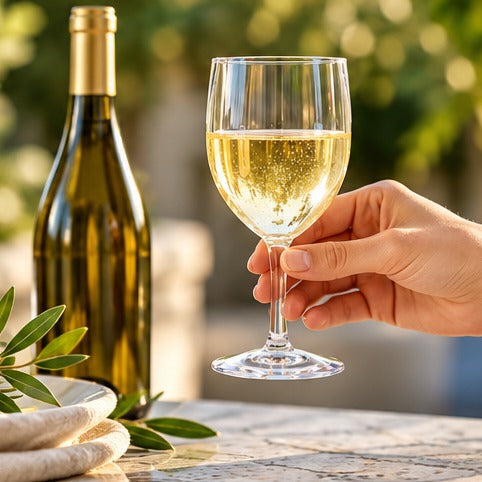Verre à vin RBdrinks Incassable 25 cl, tenu en main avec du vin blanc