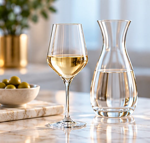 Verre à vin Luigi Bormioli Supremo 55 cl, à côté d'une carafe d'eau
