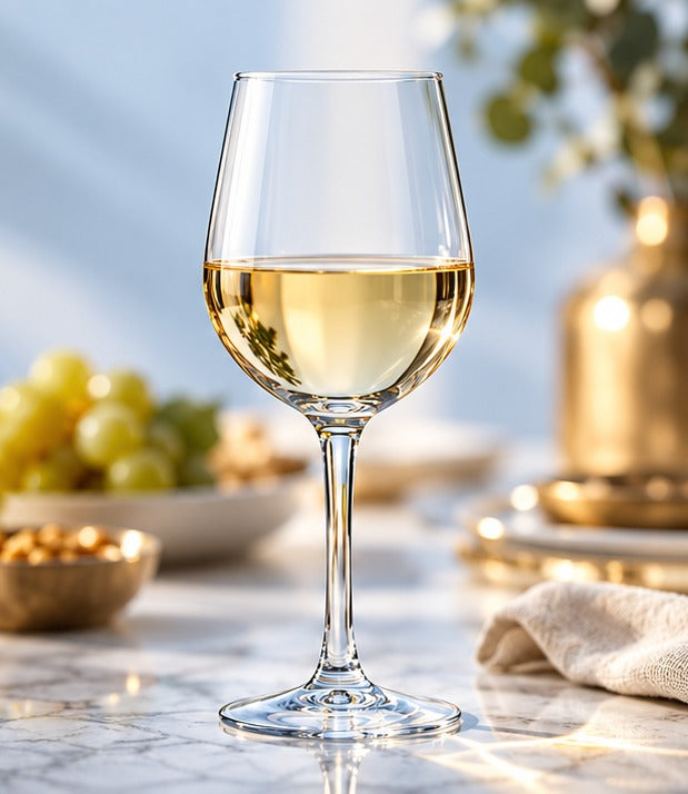 Verre à vin Arcoroc Domaine 27 cl, avec du vin blanc sur un plan de marbre