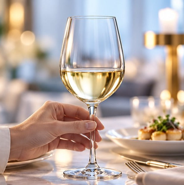 Main tenant un verre à vin Arcoroc Séquence rempli de vin blanc à une table dressée