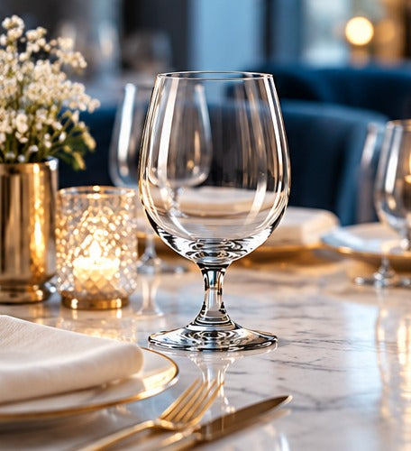 Verre à vin Spiegelau Soirée 40 cl, sans boisson, sur une table dressée avec fleurs