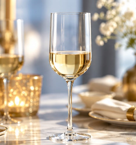 Verre à vin Luigi Bormioli Sublime 28 cl, avec du vin blanc sur une table de restaurant