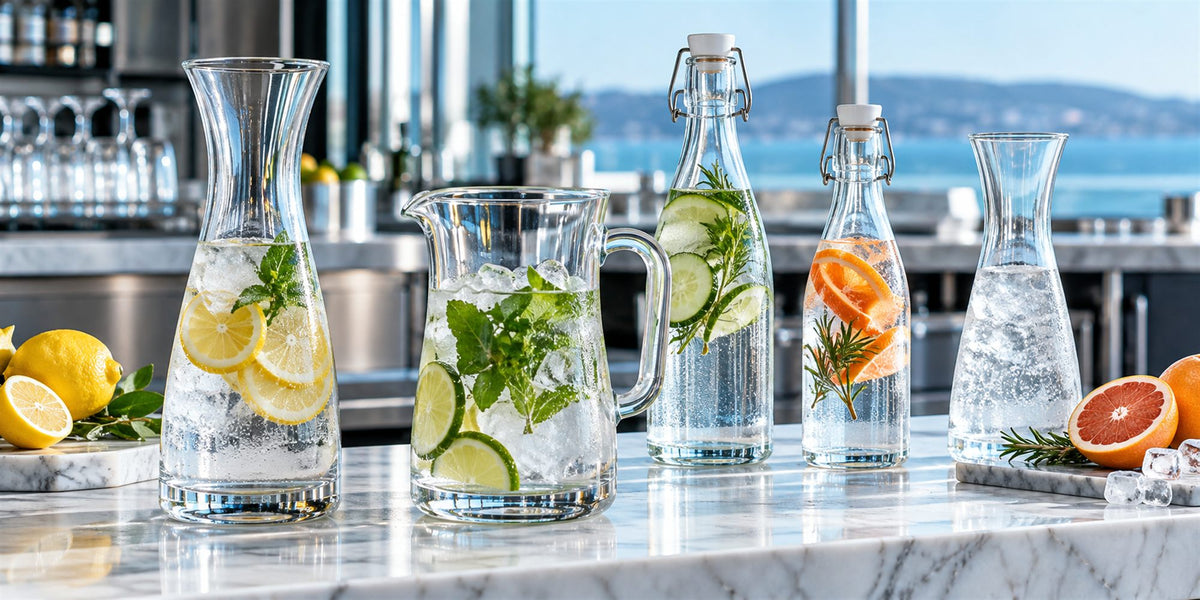 Carafes, bouteilles et pichets professionnels BWA pour CHR, hétels et restaurants sur un comptoir en marbre