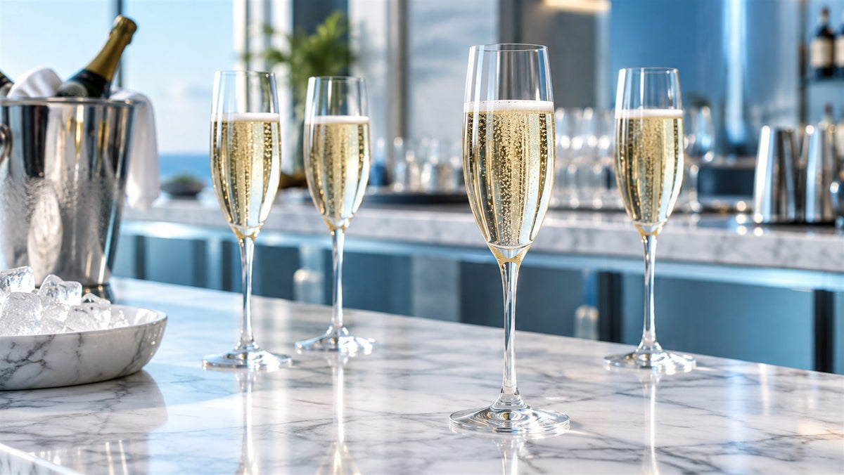 Flûtes à champagne professionnelles BWA pour CHR, hôtels et restaurants sur un comptoir en marbre