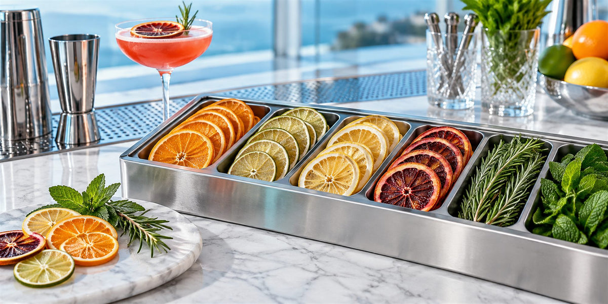 Garnishs de bar professionnels BWA pour CHR, hétels et restaurants sur un comptoir en marbre