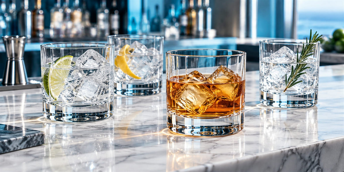 Verres short drink (old fashioned) professionnels BWA pour CHR, hétels et restaurants sur un comptoir en marbre