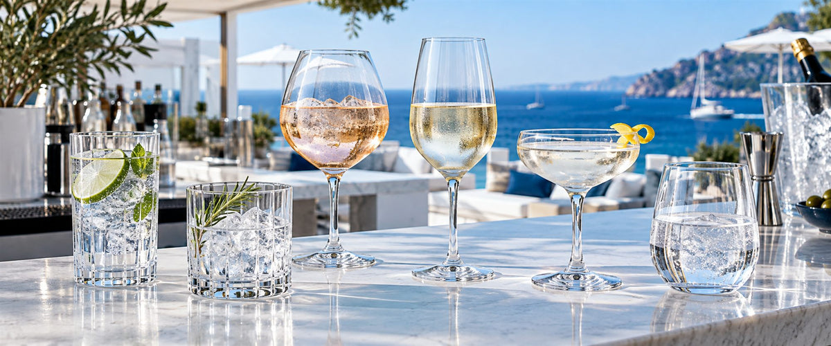 Verres incassables professionnels BWA pour CHR, hétels et restaurants sur un comptoir en marbre