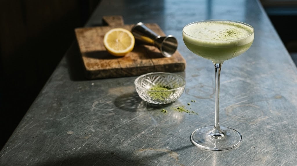 Matcha gin sour dans une coupe Nude Savage sur un comptoir de bar en zinc