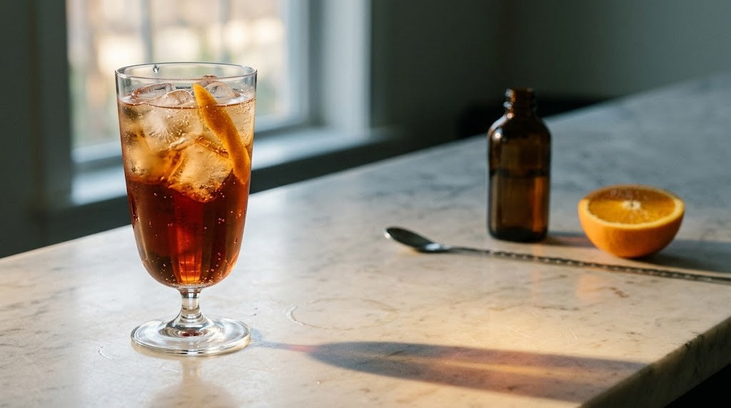 Cocktail sans alcool : spritz à l'amaro 0 % dans un verre long Nude Bar Giani 37 cl