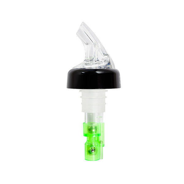 Bec verseur à bille transparent avec bague noire et base verte sur fond blanc, photo fournisseur