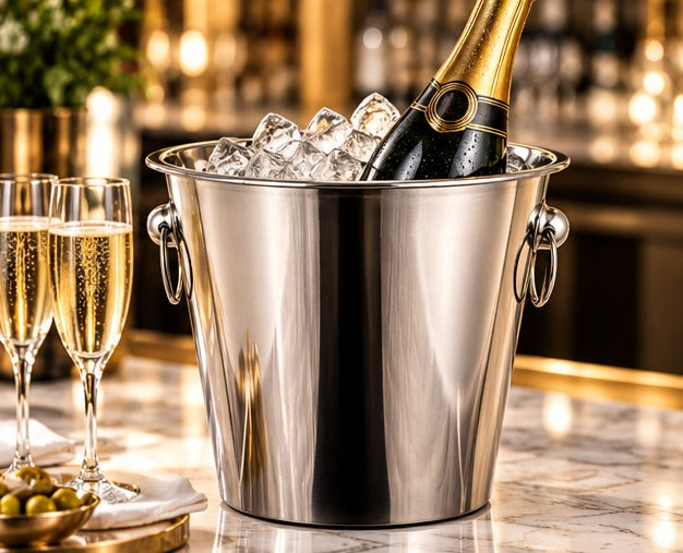 Seau à champagne inox Gastronoble, rempli de glace avec une bouteille de champagne