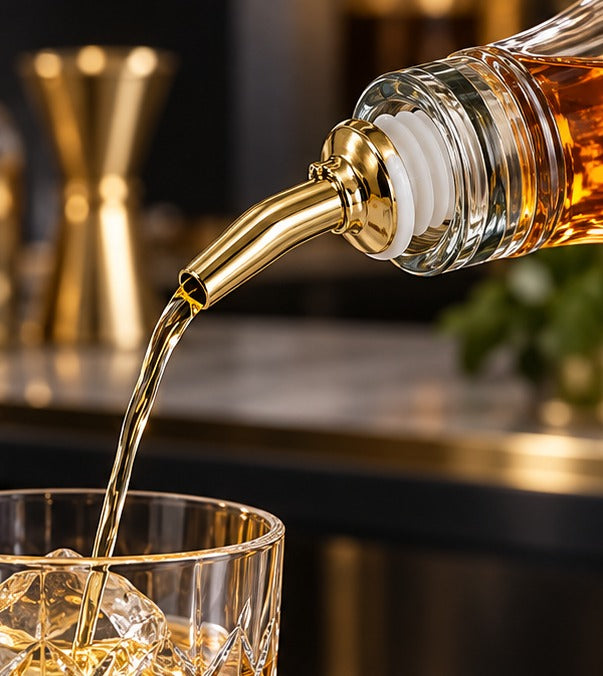 Bec verseur doré et blanc Cocktail 7, versant un whisky sur glace