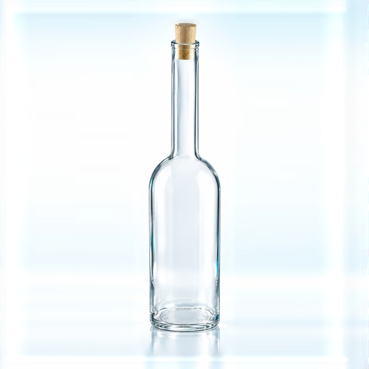 Bouteille de service en verre clair Opera Classico 70 cl à col long, vue de face sur fond bleu clair