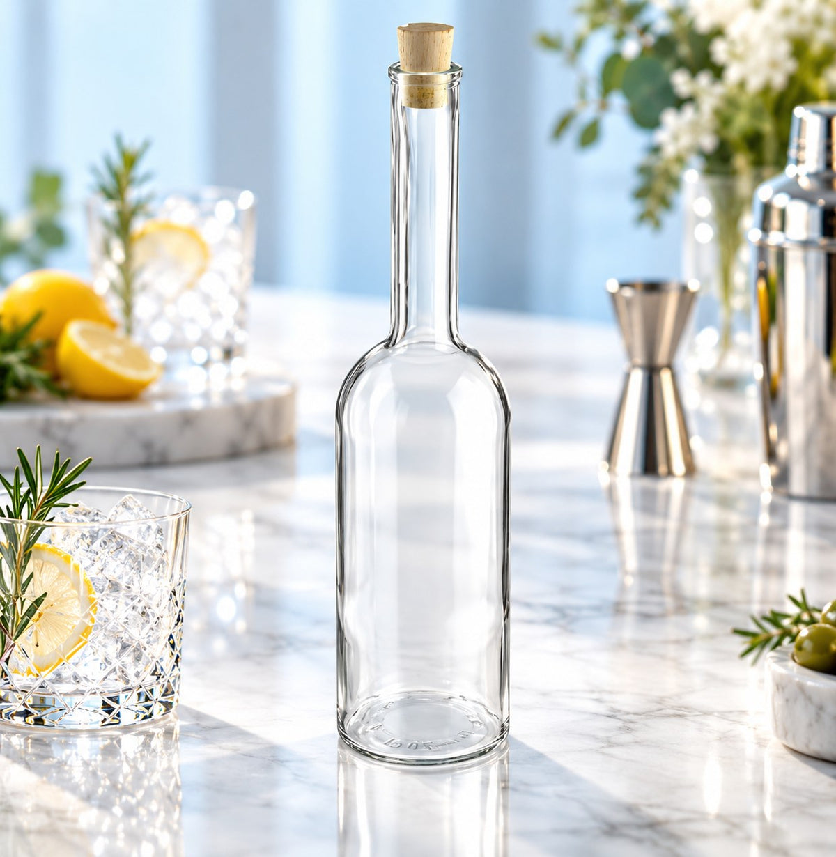 Bouteille de service Opera Classico sur un comptoir en marbre, jigger, shaker et citrons autour