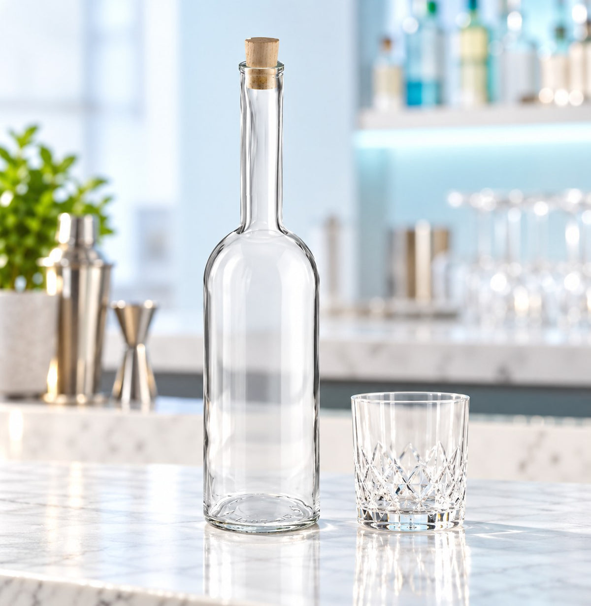 Bouteille de service Opera Classico posée à côté d'un verre taillé sur un comptoir de bar