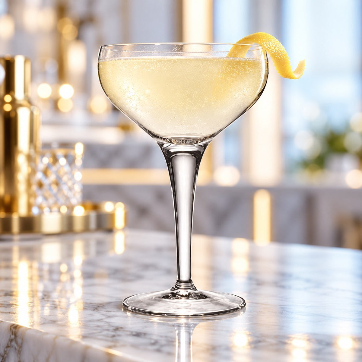 Coupette Luigi Bormioli MichelAngelo remplie d'un cocktail clair avec zeste de citron sur un comptoir doré