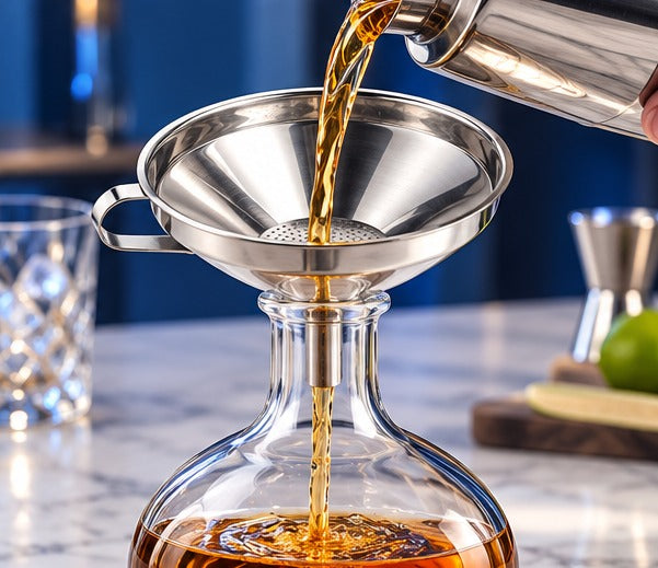Entonnoir à filtre amovible Genware UK 13 cm, versant un spiritueux dans une carafe