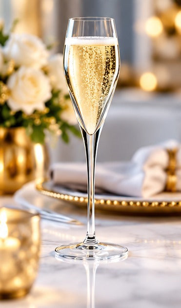 Flûte à champagne Luigi Bormioli Prestige 20 cl, sur une table fleurie et dorée