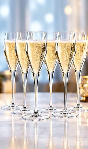 Flûte à champagne Luigi Bormioli Prestige 20 cl, en série de six sur un plan de marbre