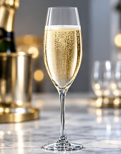 Flûte à champagne Chef & Sommelier Grands Cépages 25 cl, avec du champagne sur un comptoir de marbre