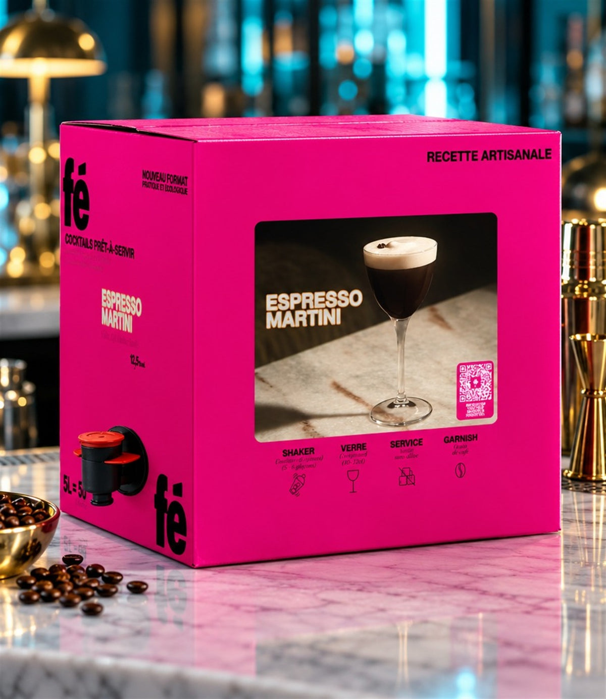 Espresso martini FÉFÉ 5 L, 50 cocktails, vu de face sur fond clair