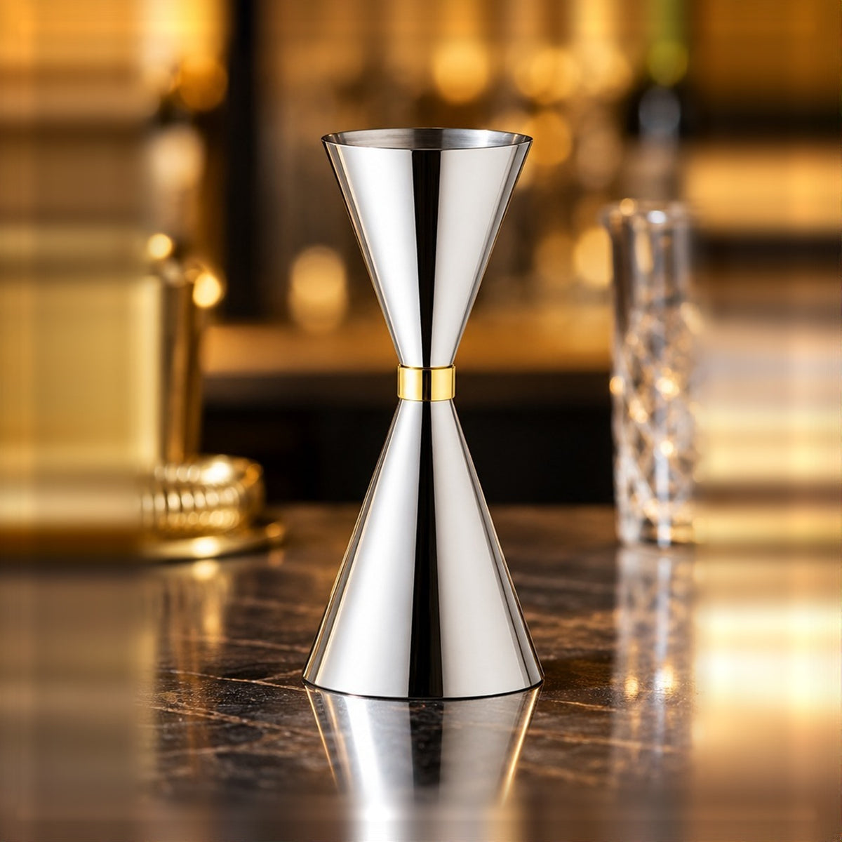 Jigger Mr Slim Haut de gamme 60/90 ml, vu de face sur fond clair