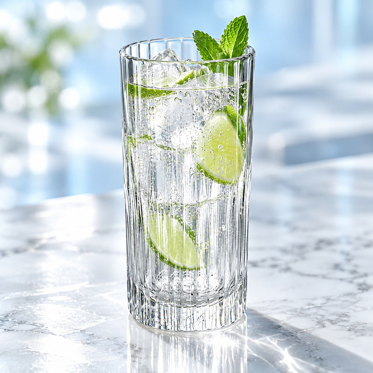 Verre long drink Duralex Manhattan rempli d'eau pétillante, de glaçons, de citron vert et de menthe sur un plan de marbre