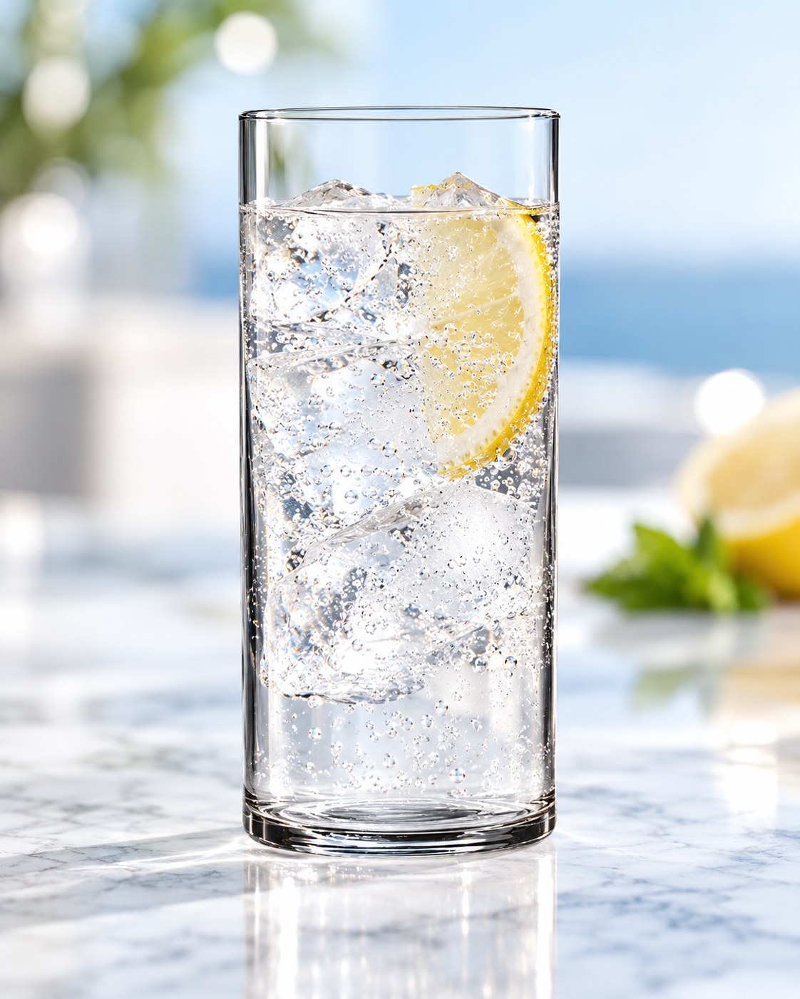 Tumbler Luigi Bormioli Top class rempli d'eau pétillante, de glaçons et d'une tranche de citron sur un plan de marbre