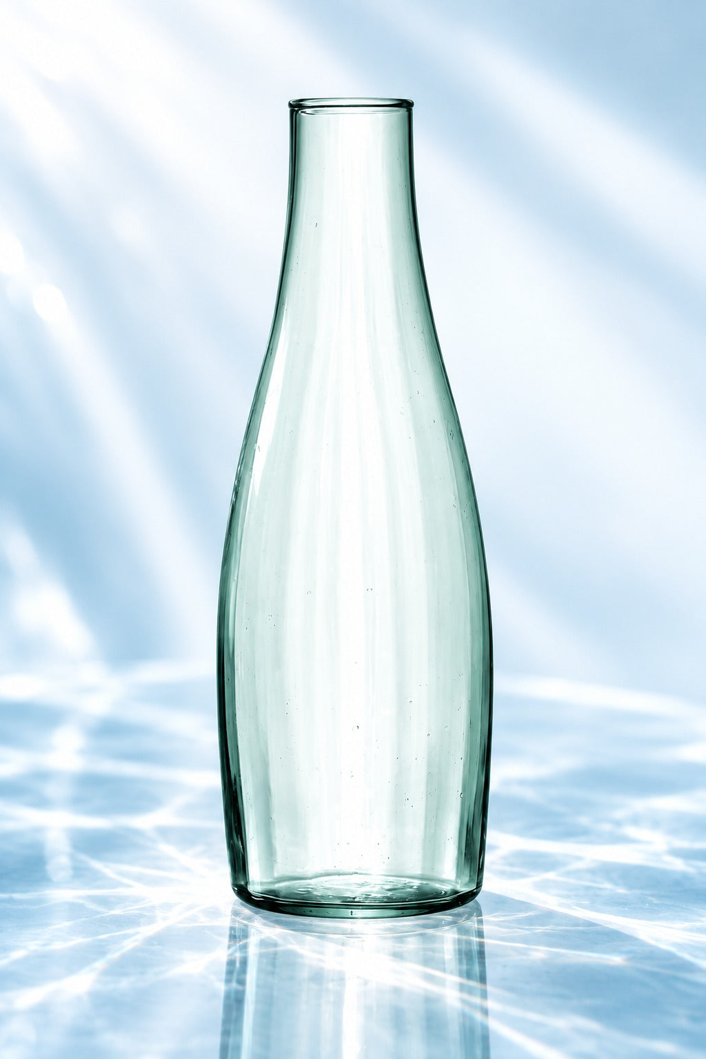 Carafe Mia en verre recyclé 125 cl, teinte légèrement verte, sur une surface lumineuse bleutée