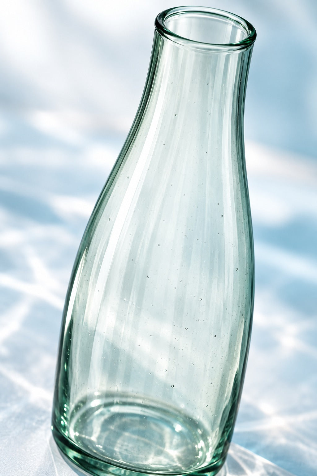 Gros plan sur le verre recyclé de la carafe Mia 125 cl, avec ses petites bulles et sa teinte verte
