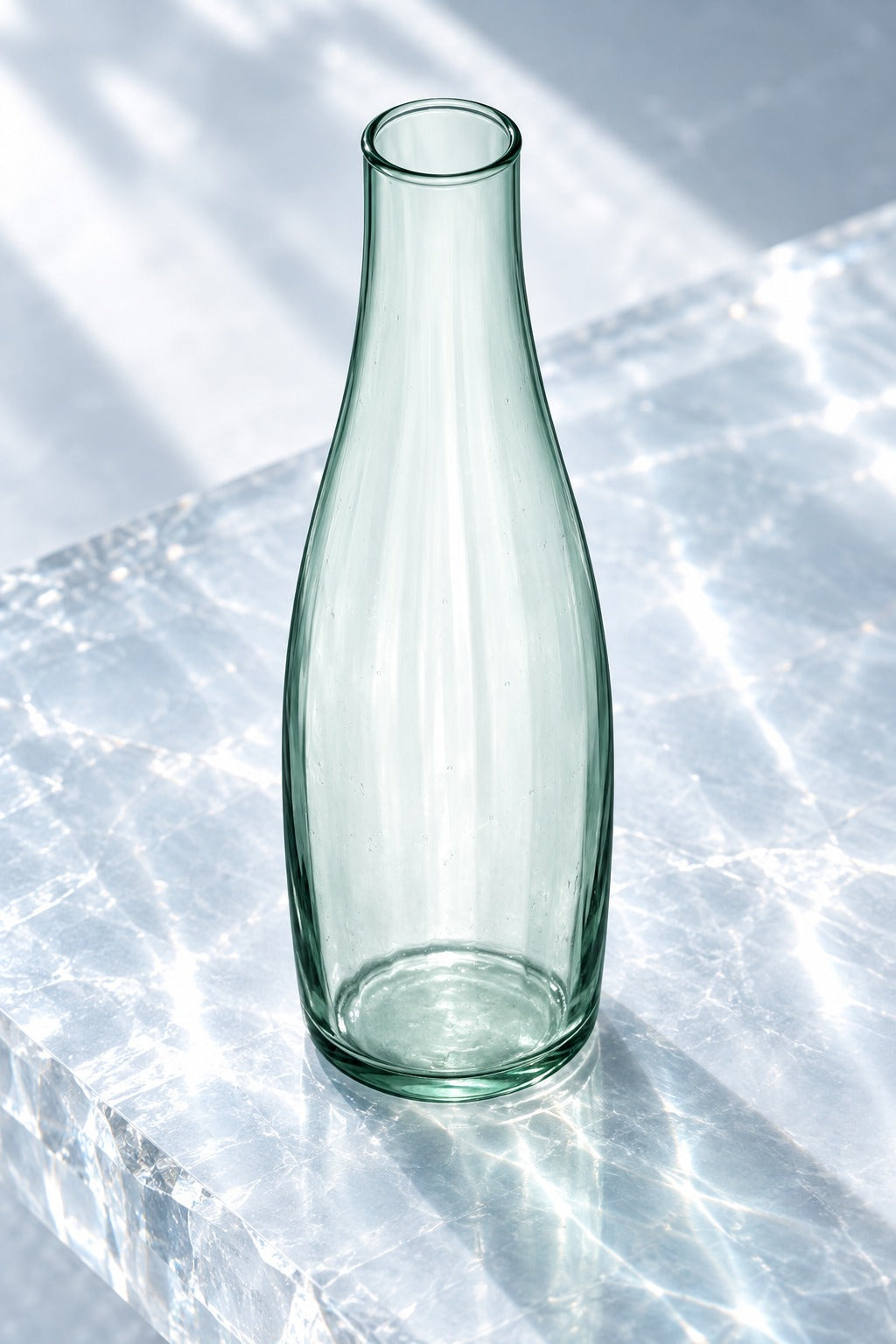 Carafe Mia en verre recyclé 125 cl vue de dessus sur un plan clair, pour montrer sa forme élancée