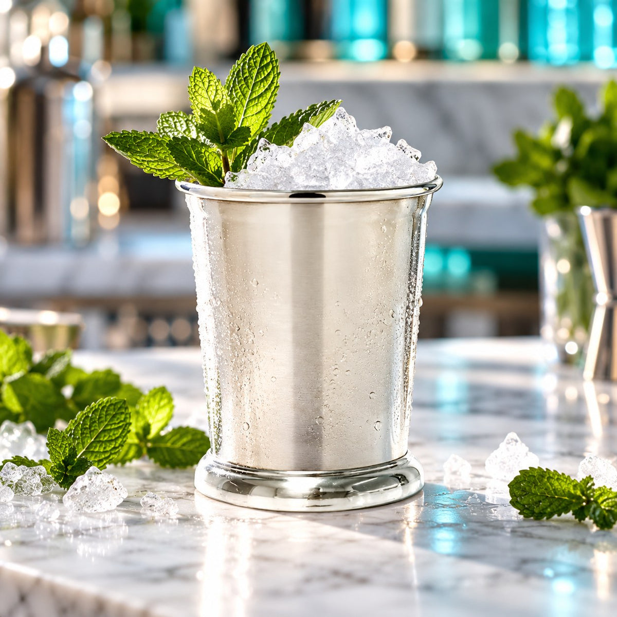 Julep Cup argent rempli de glace pilée et de menthe, bar et menthe fraîche en arrière-plan