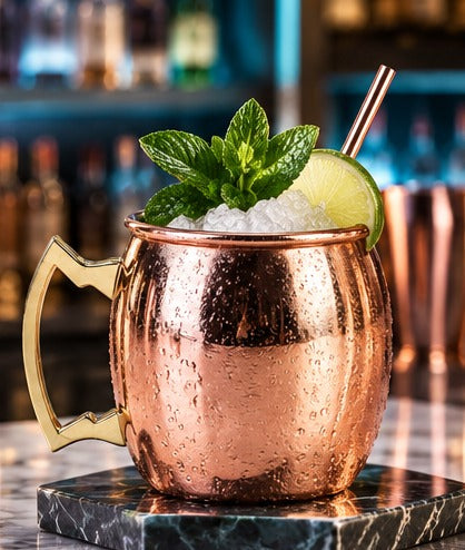 Moscow mule Genware EU Barrel Mug, poignée or 40 cl, avec un moscow mule, menthe, citron vert et paille