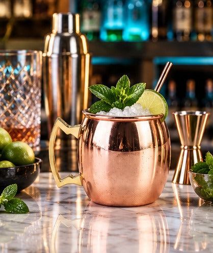 Moscow mule Genware EU Barrel Mug, poignée or 40 cl, près d'un shaker, sur un comptoir de bar