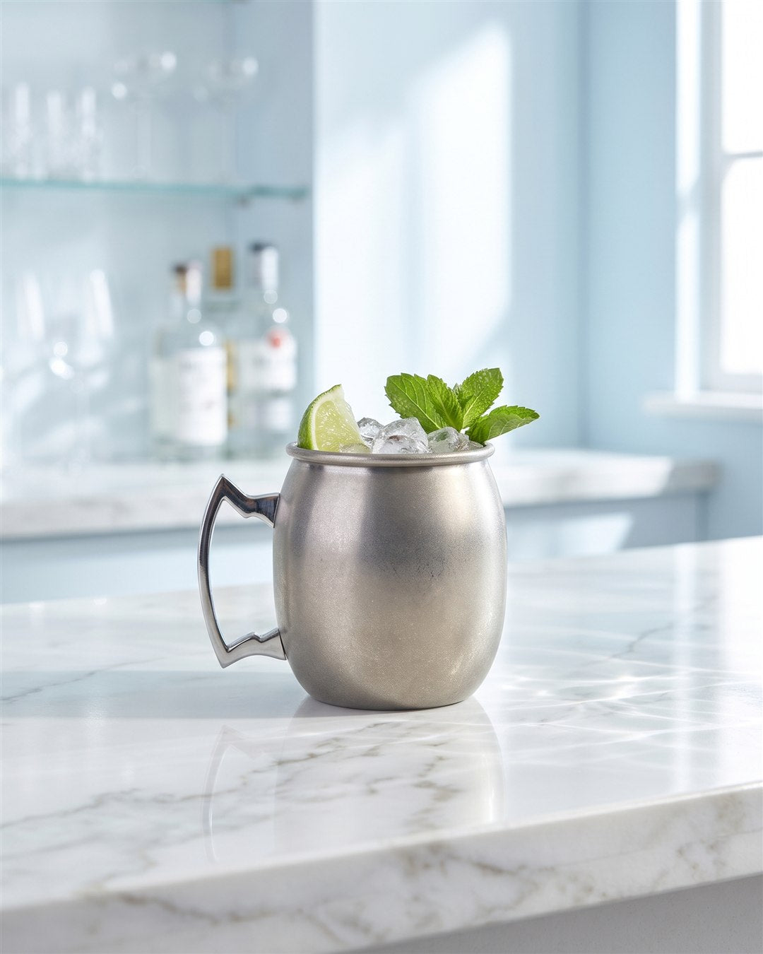 Mug Moscow mule argent sur un comptoir de bar en marbre blanc, étagères de bouteilles floues