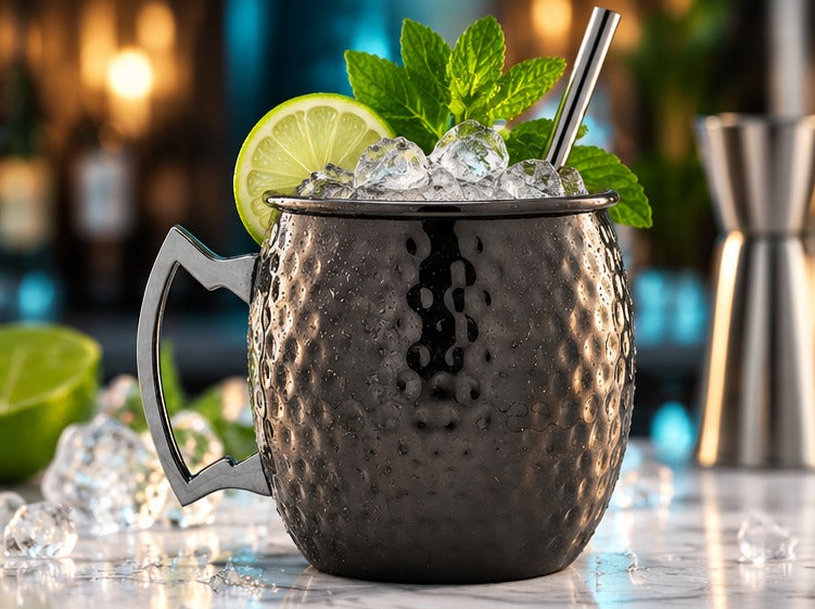 Moscow mule Genware EU Barrel Mug martelé, poignée noire 55 cl, avec un moscow mule, menthe, citron vert et paille