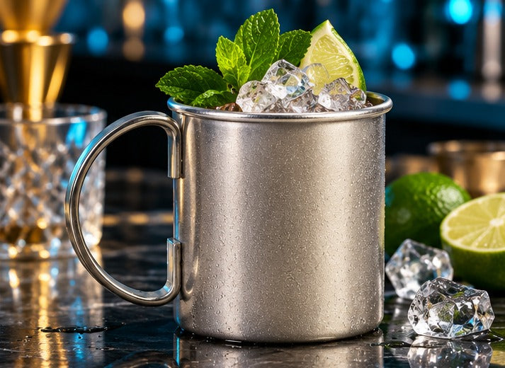 Mug droit Genware EU inox brossé 48 cl, avec un moscow mule, menthe et citron vert