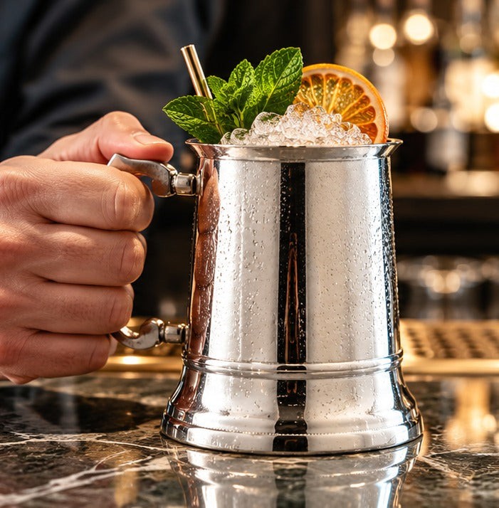 Chope en métal Genware EU 45 cl, tenue en main avec un cocktail à la menthe et à l'orange