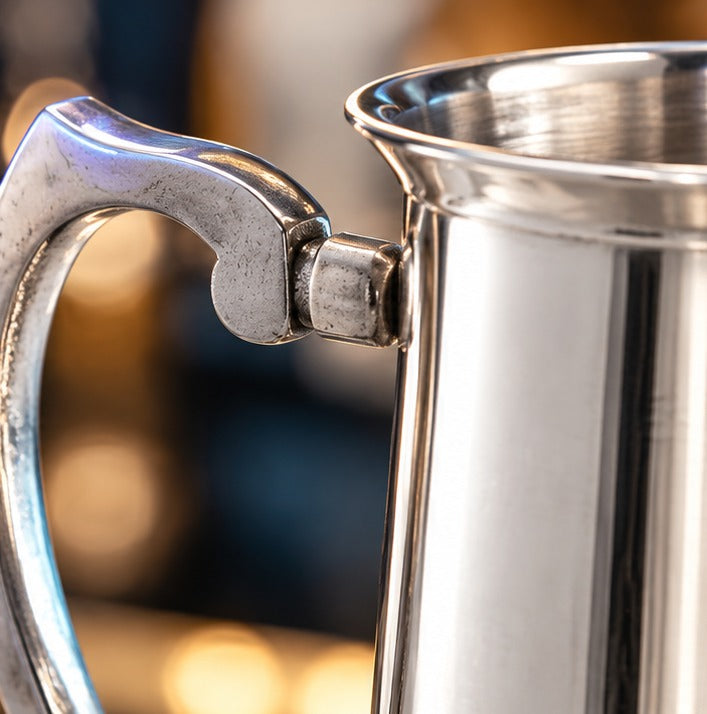 Chope en métal Genware EU 45 cl, gros plan sur l'anse et le bord