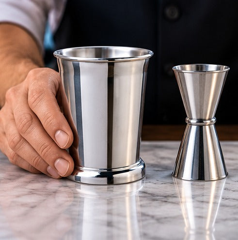 Julep Mezclar 40 cl, en main, à côté d'un jigger