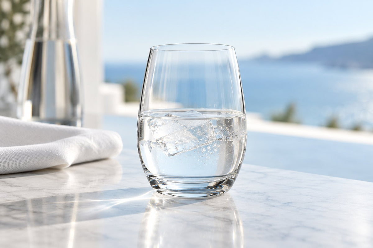 Verre à eau Nude Pure rempli d'eau sur une table en marbre, vue sur la mer