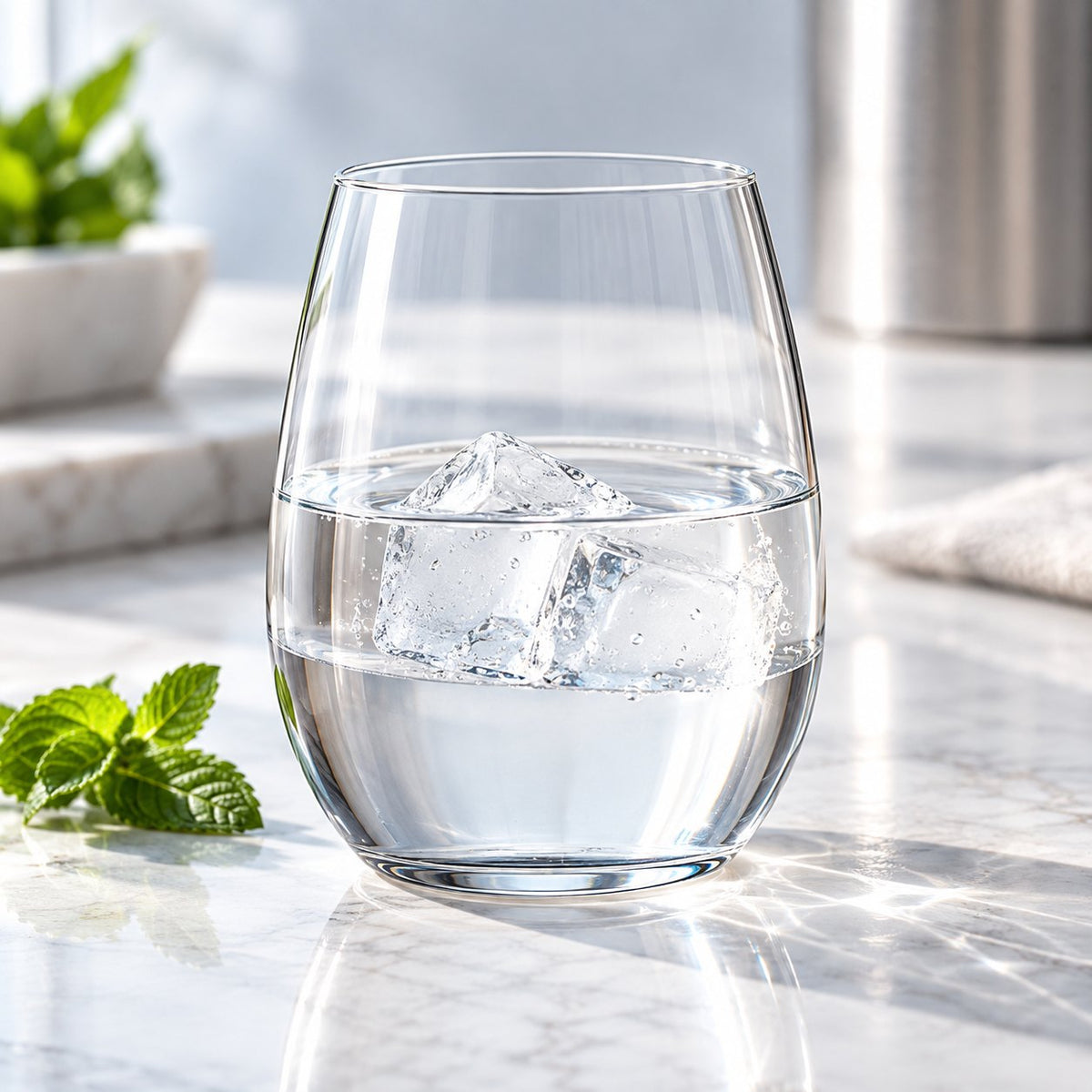 Verre à eau Nude Pure avec glaçons sur un comptoir en marbre, menthe fraîche à côté